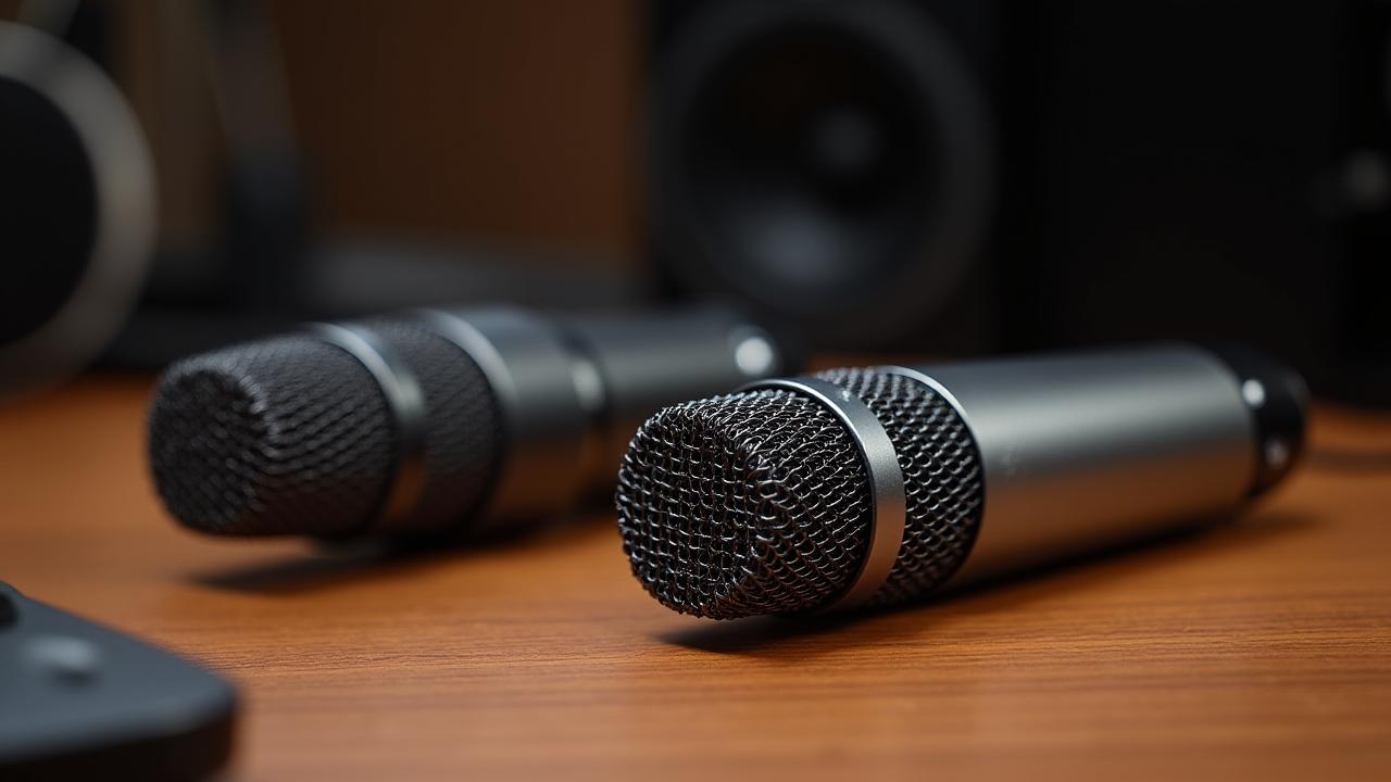 Detalle de micrófonos Shure y Neumann en mesa de estudio