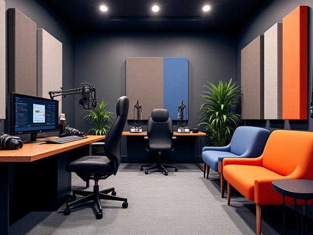 Estudio moderno para podcast con micrófonos y equipo de sonido