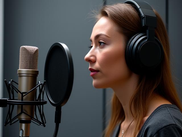 Locutor profesional grabando voz en un micrófono de estudio
